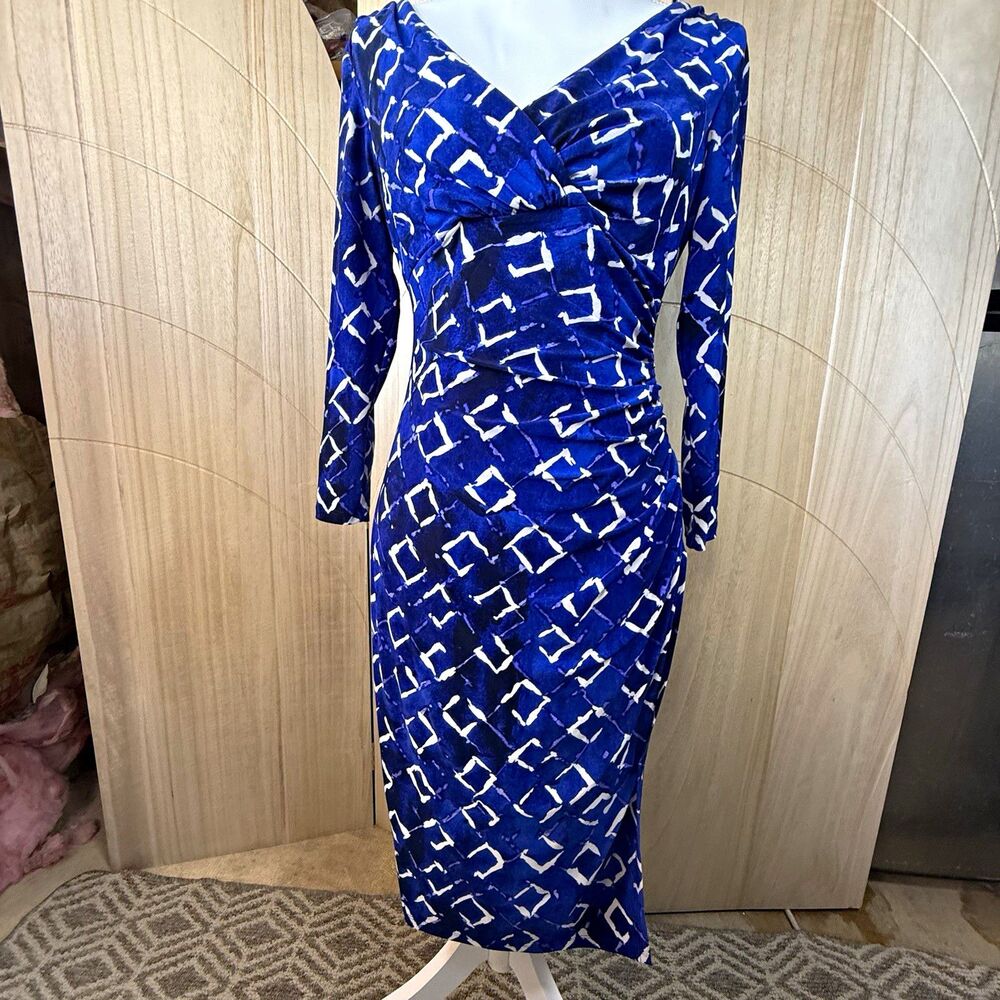 Y2K Lauren Ralph Lauren Cobalt Blue Geometric Ruched Midi Bodycon Dress 4
